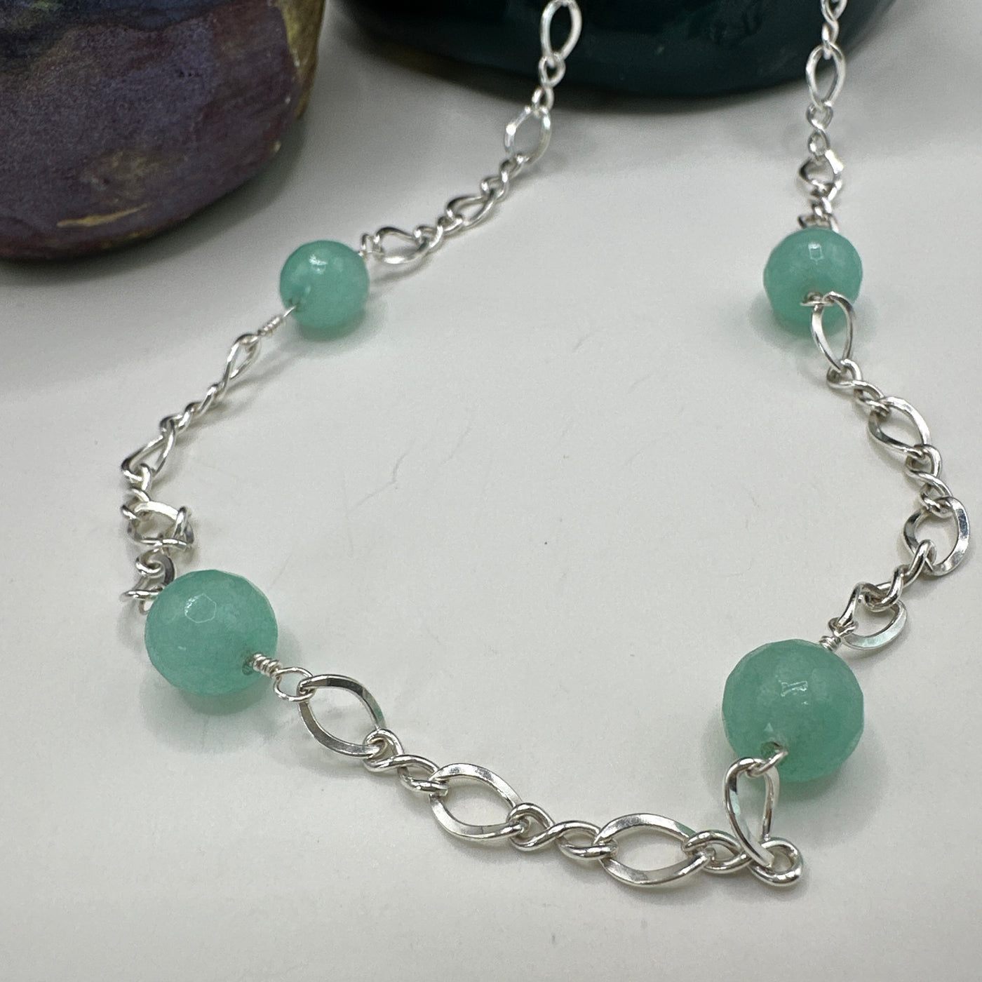Dyed acqua jade 8mm faceted and silver chain necklace