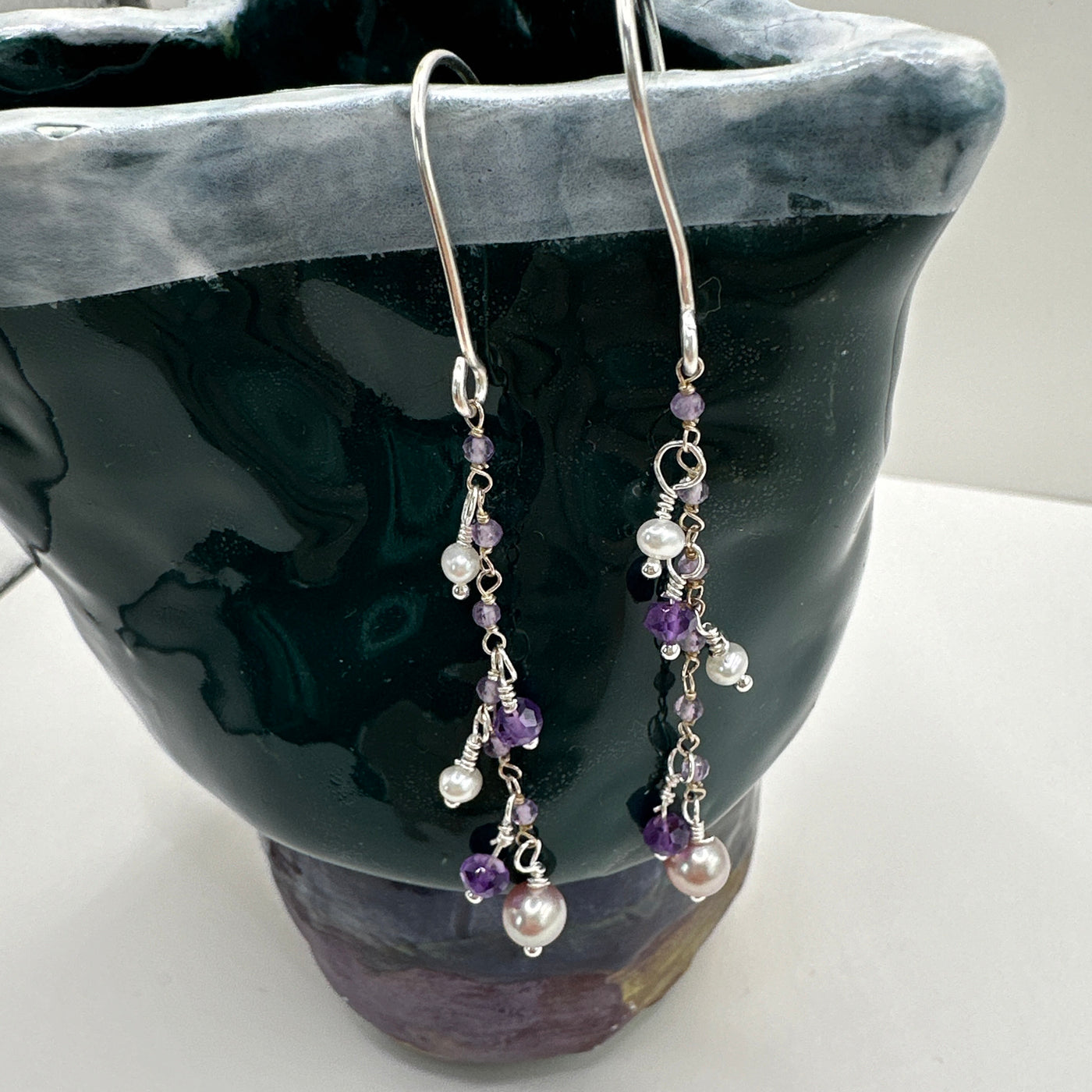 Silver, amethyst, potato and oval fresh pearls earrings