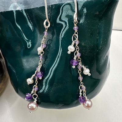 Silver, amethyst, potato and oval fresh pearls earrings