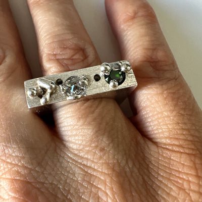 Lost wax silver square silver with granulation around 3 cubic zirconia stone