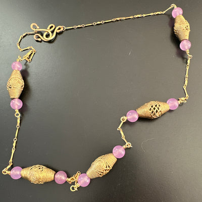 Brass elements and amethysts long necklace