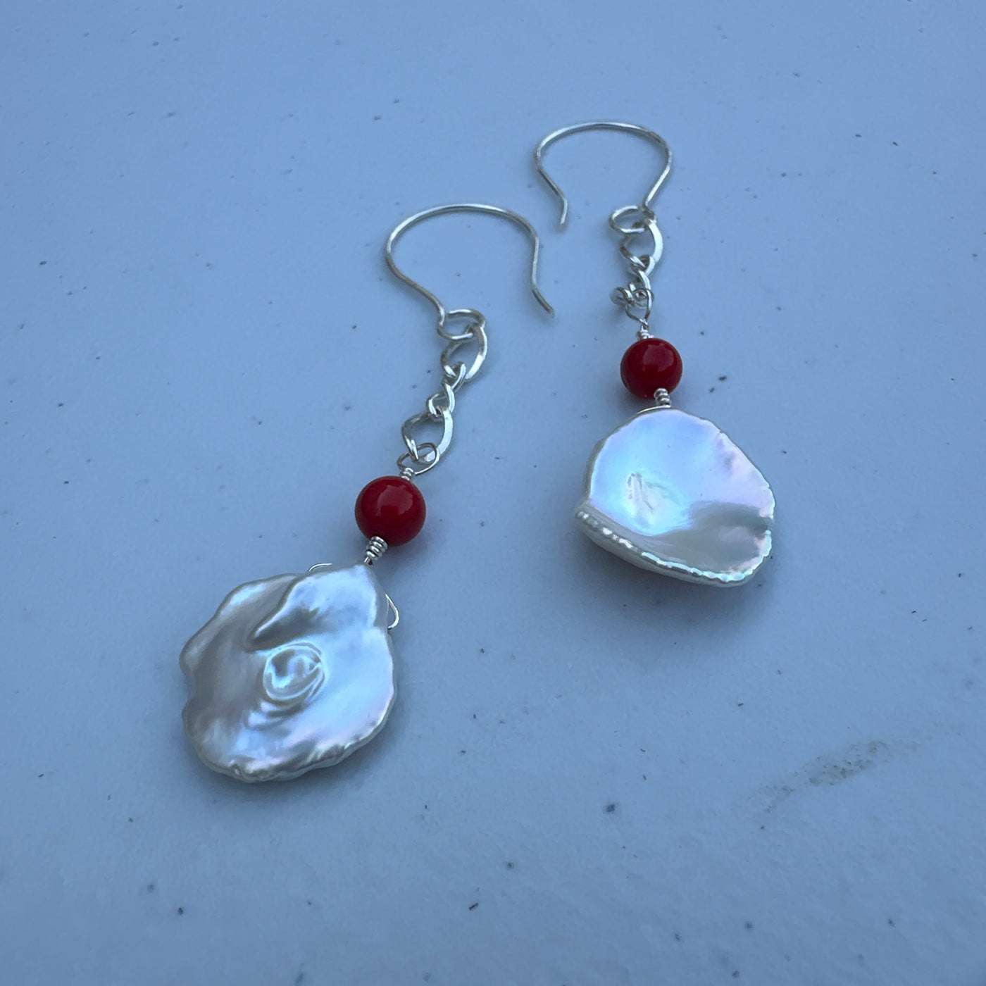 Baroque mother pearls and corals earrings on silver
