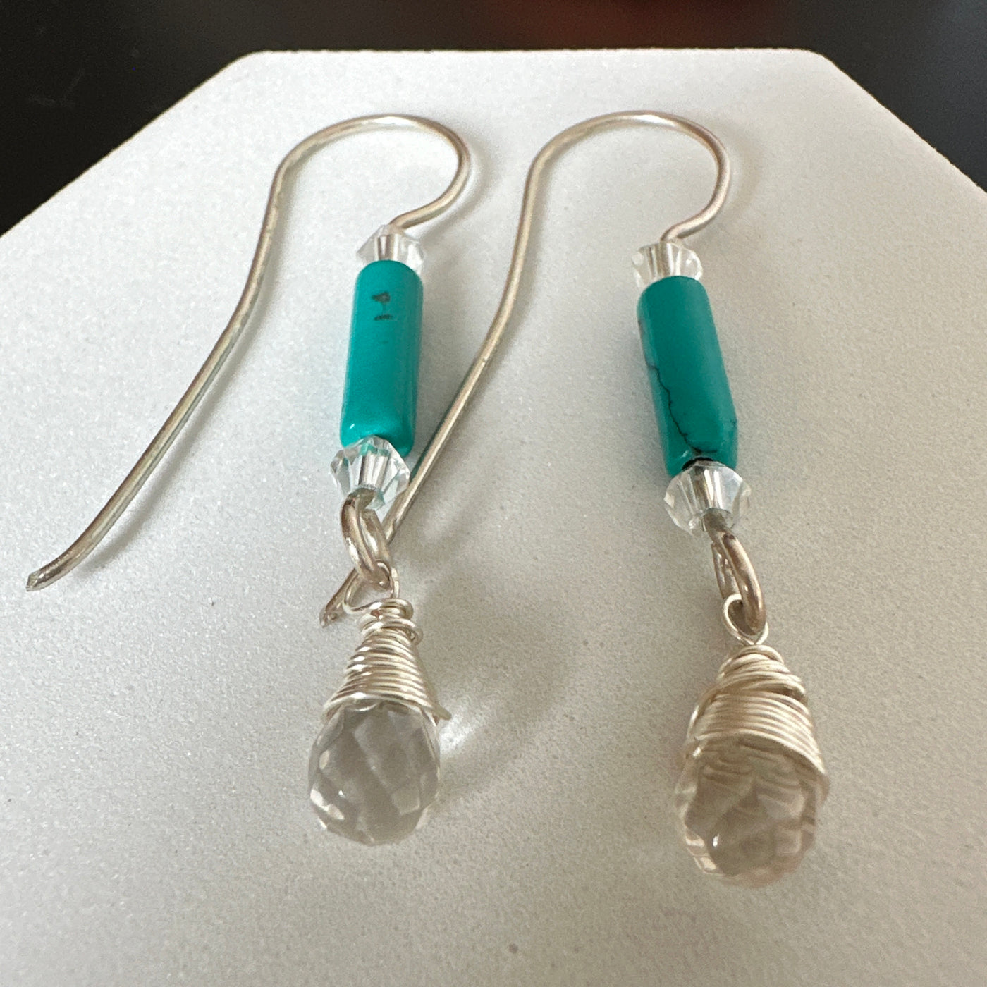 Silver earrings with turquoise and pear shaped wrapped quartz