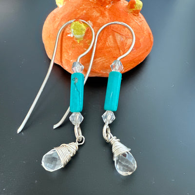 Silver earrings with turquoise and pear shaped wrapped quartz