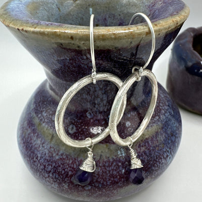 Silver round rings and amethyst briolette earrings