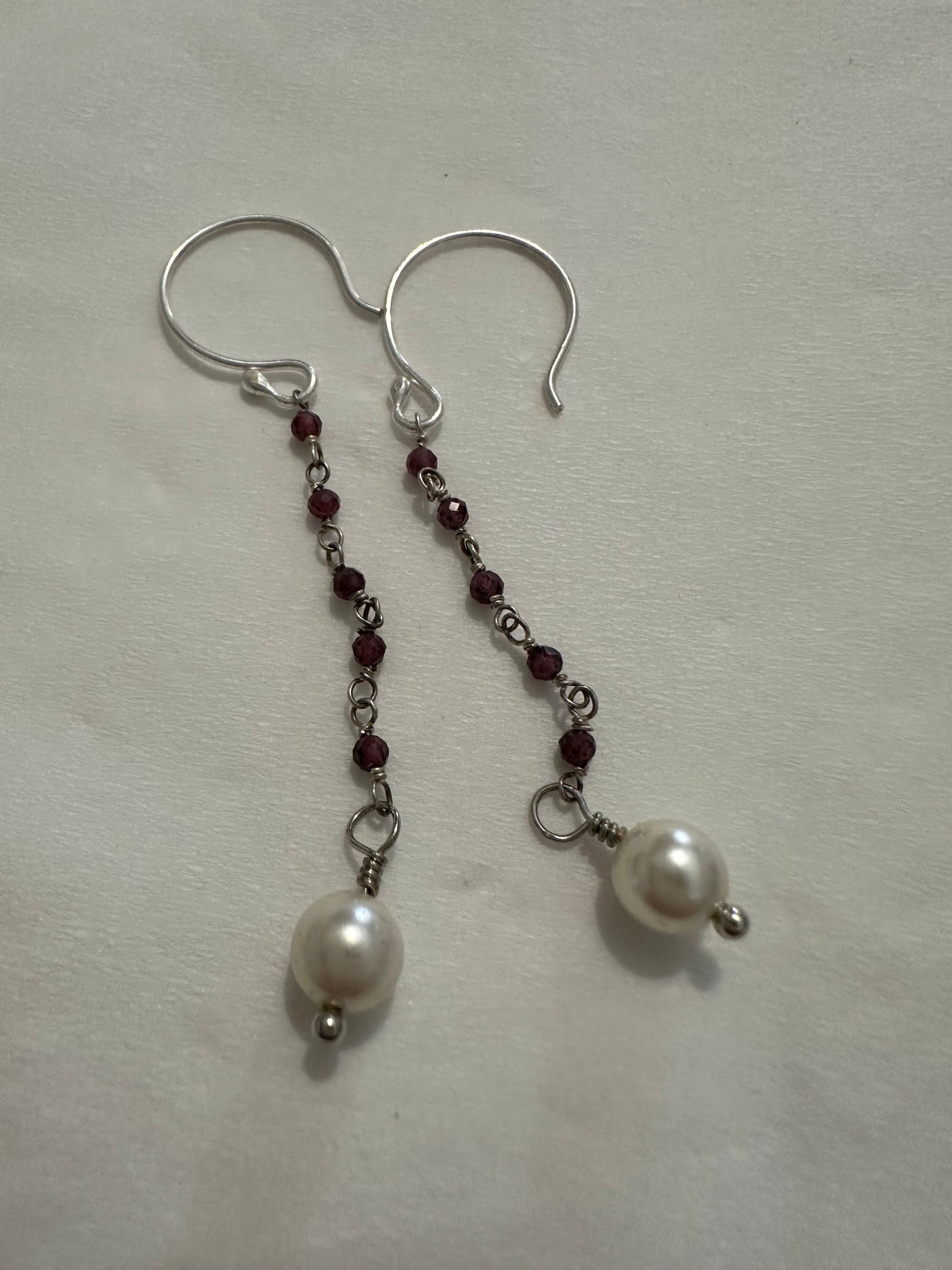 Silver, purple beads and pearls earrings