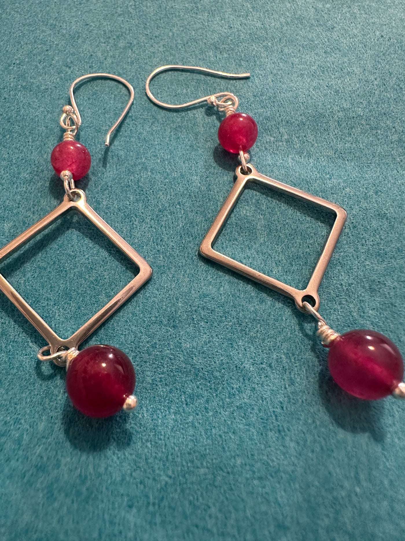 Pink jade earrings with square steel elements and silver