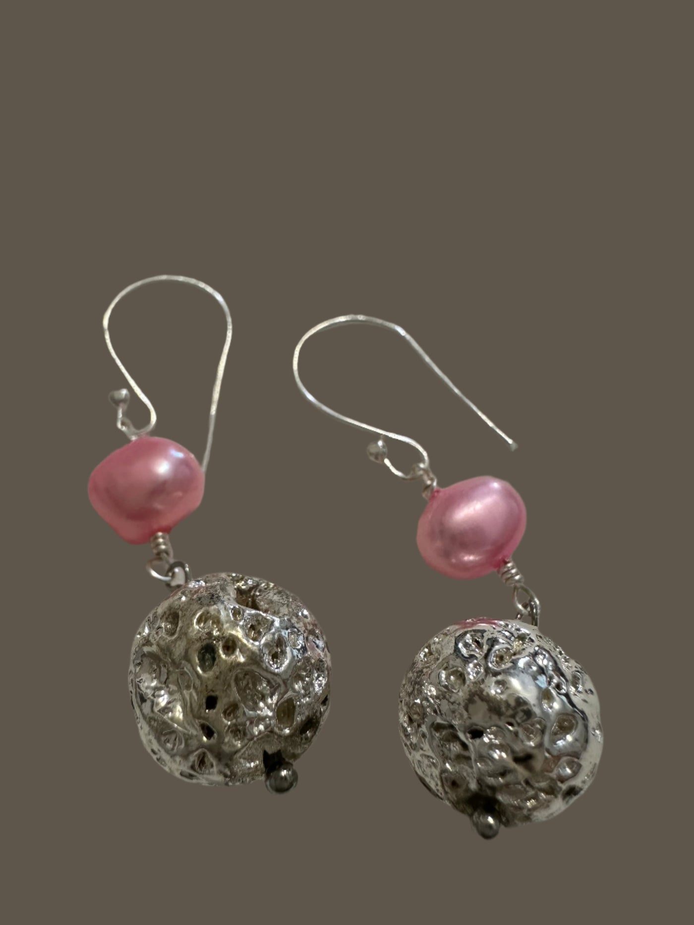 Freshwater pink pearls with lavic stone covered in silver earrings