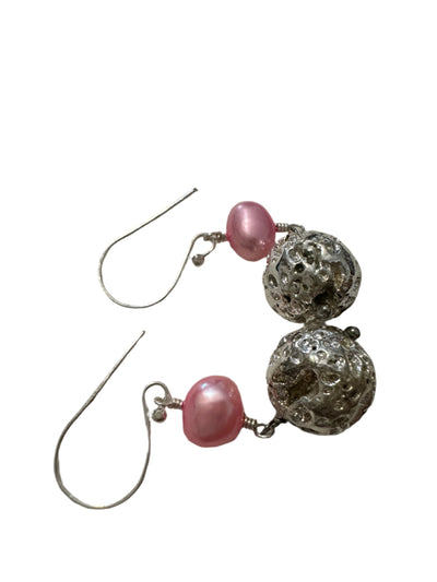 Freshwater pink pearls with lavic stone covered in silver earrings