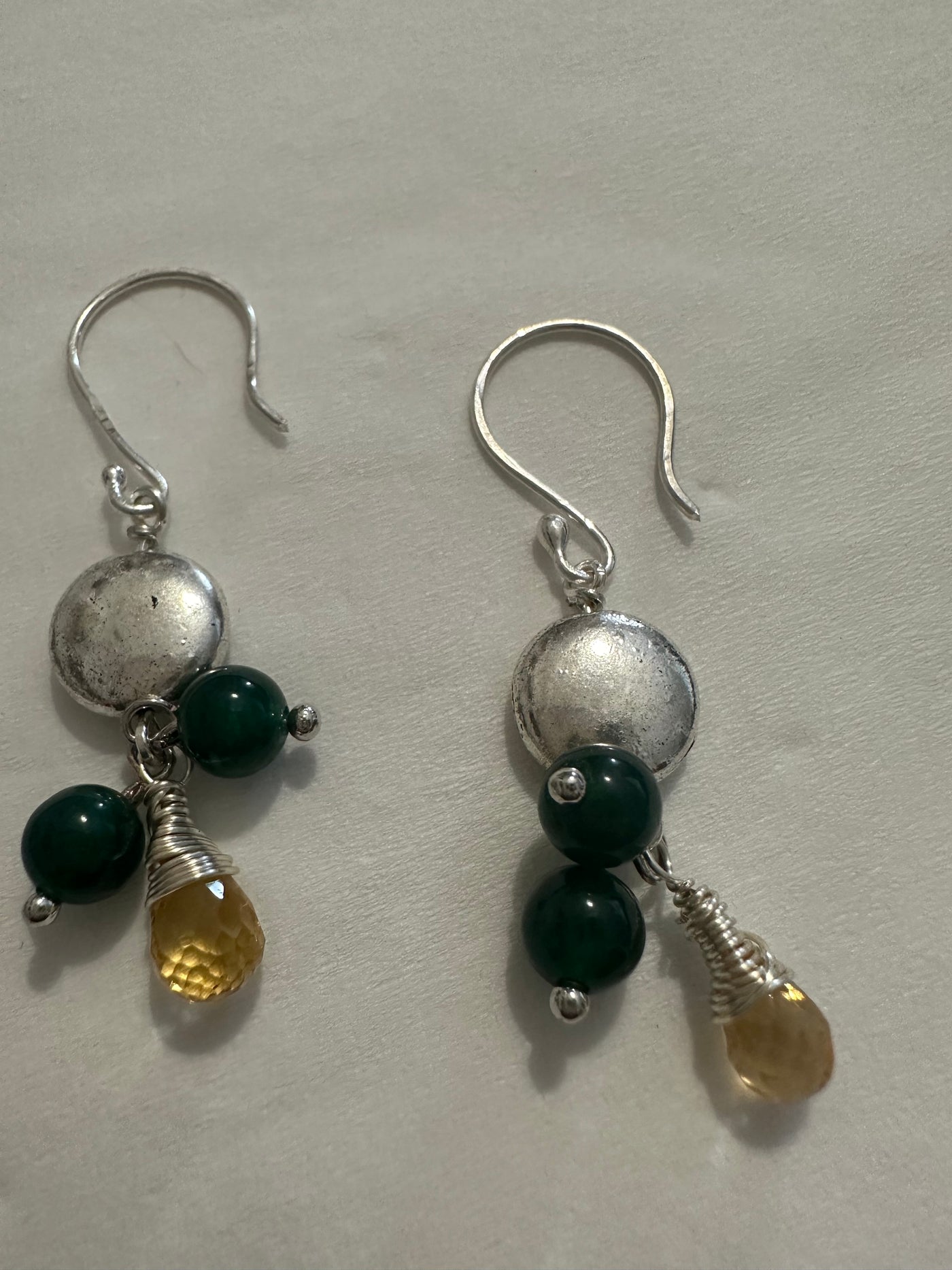 Citrine, green jade and  silver elements earrings