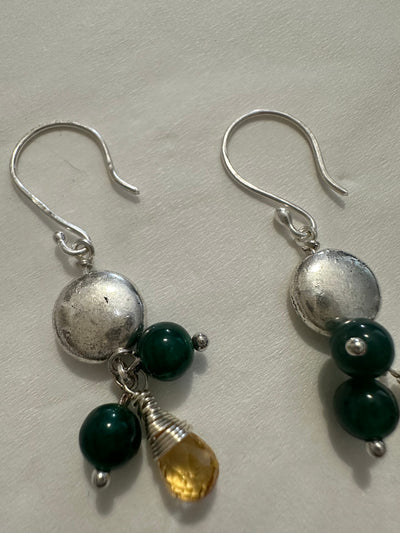 Citrine, green jade and  silver elements earrings