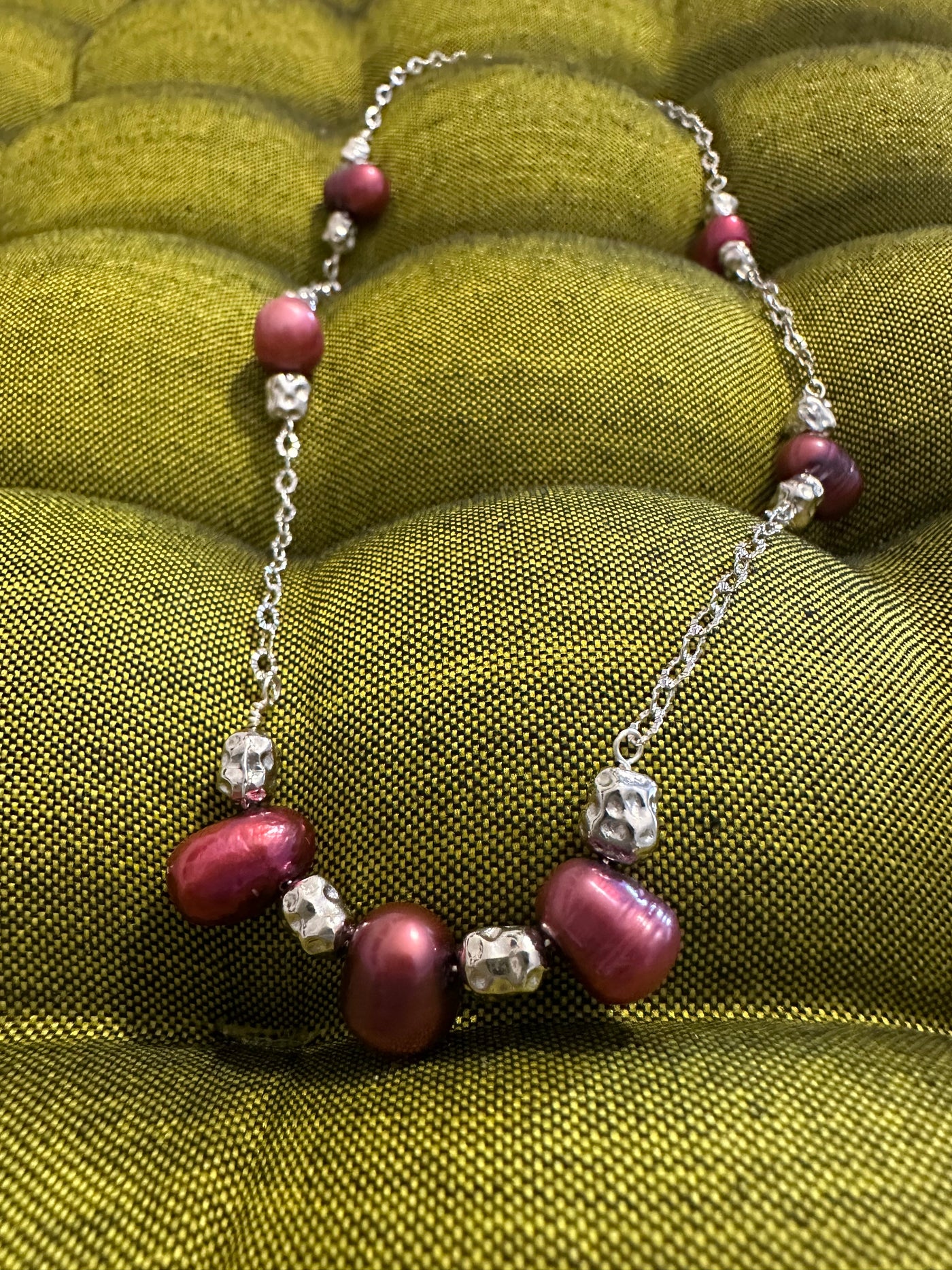 Necklace with red freshwater pearls on rhodium plated brass chain