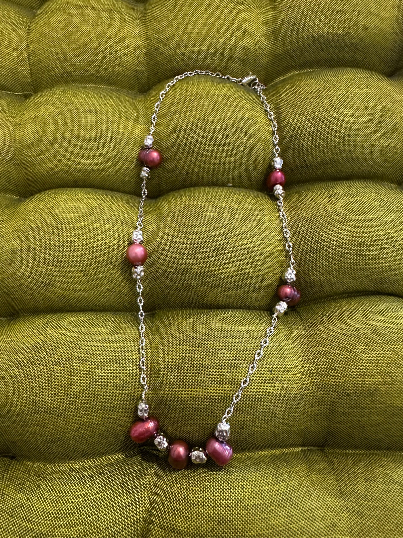 Necklace with red freshwater pearls on rhodium plated brass chain