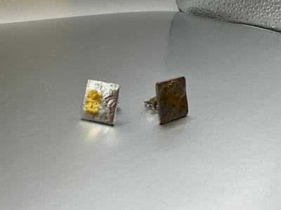 Reticulation and Keumboo technique for this silver sterling and gold square stud earrings