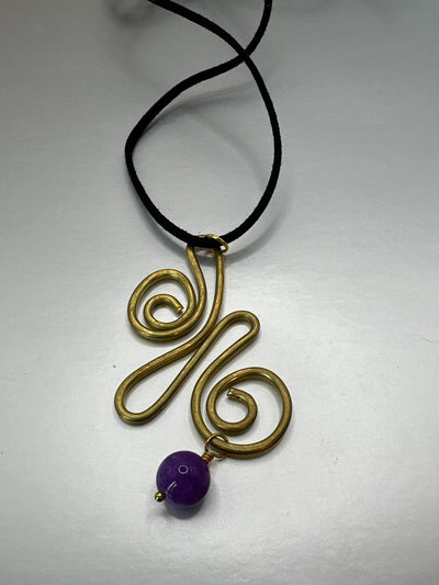 Brass, violet jade pendant on black leather