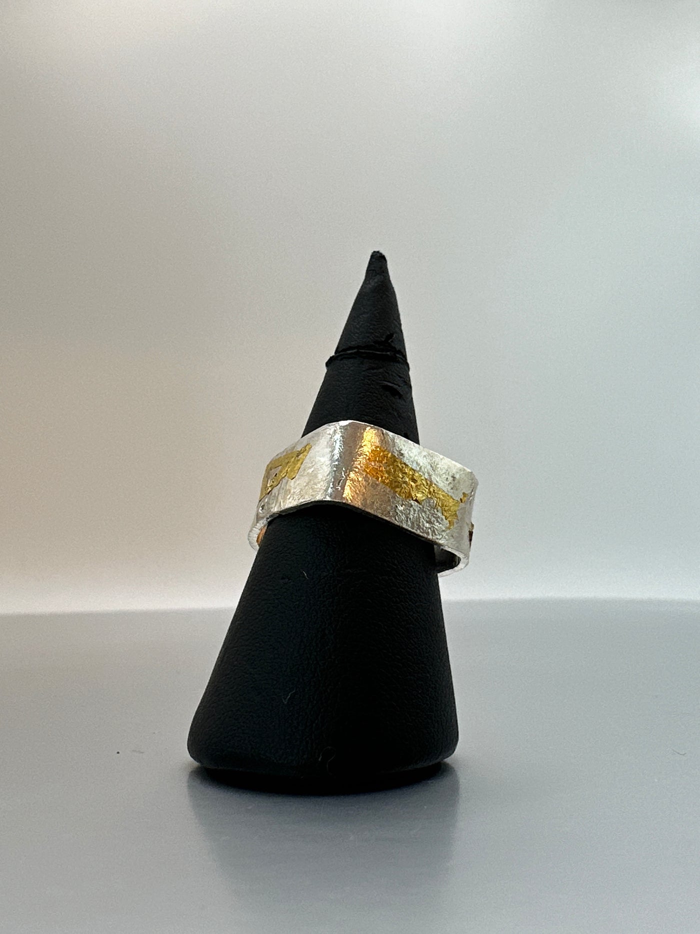 Reticulation and Keumboo technique for this silver sterling and gold square ring