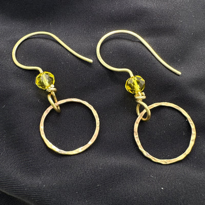 Brass handmade circle and yellow crystal on brass earrings