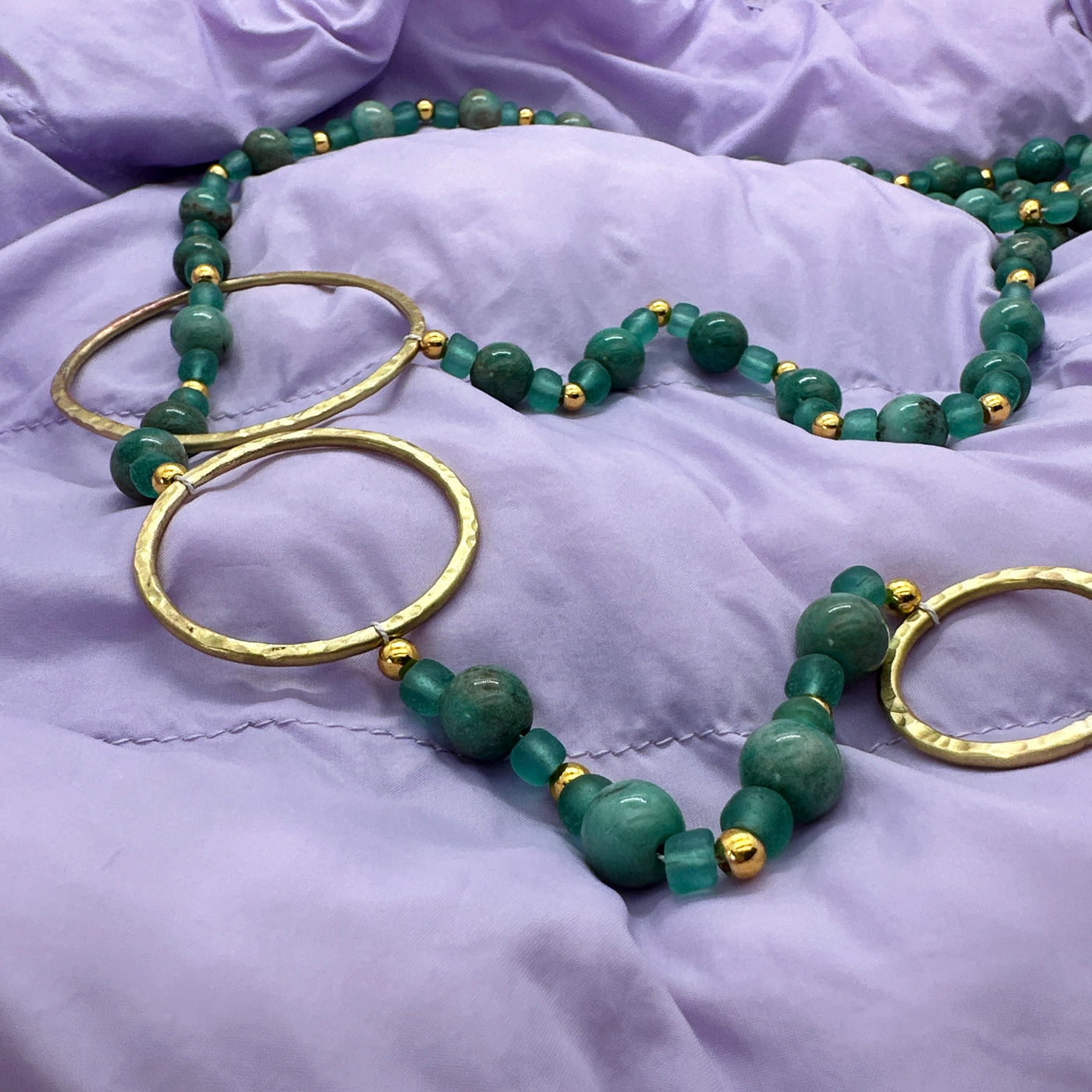 Scarf necklace with brass circles, sea foam verdite and green glass beads