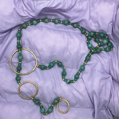 Scarf necklace with brass circles, sea foam verdite and green glass beads