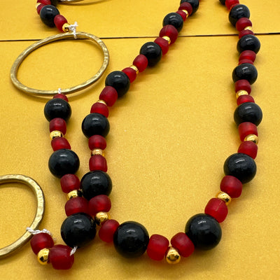 Scarf necklace with brass circles, dumorterite and red glass beads