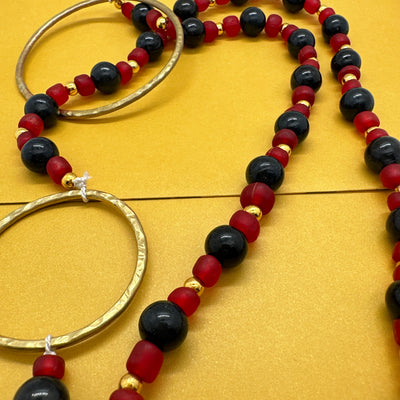 Scarf necklace with brass circles, dumorterite and red glass beads