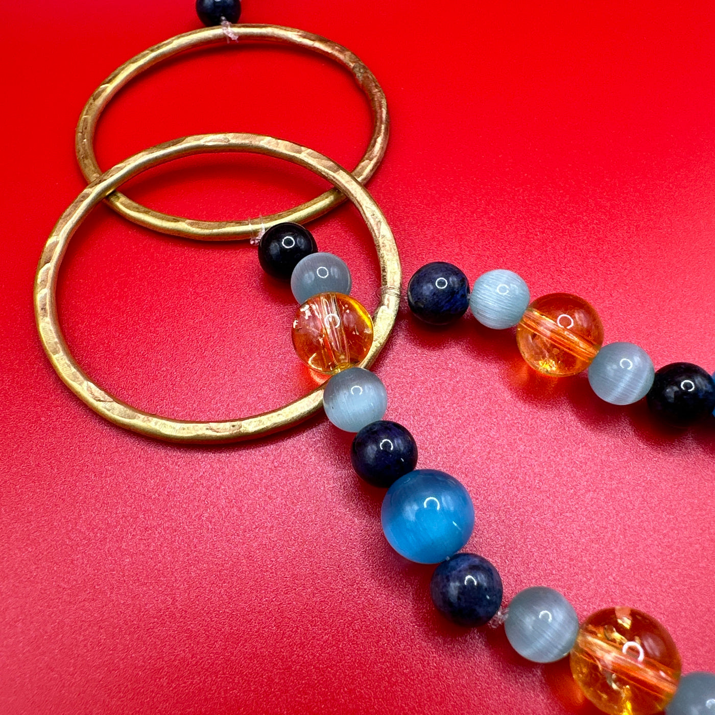 Scarf necklace with citrine, dumorterite and celeste blue cats eye