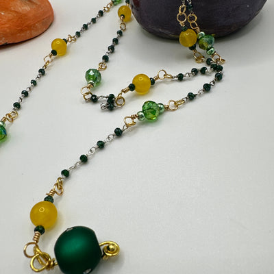 Scarf necklace silver 925 and dark green beads with citrine and green faceted beads