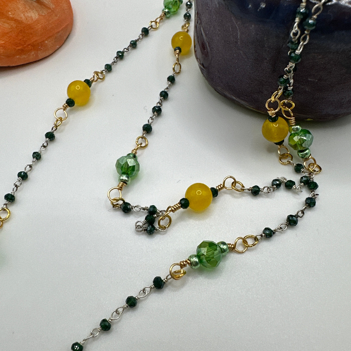 Scarf necklace silver 925 and dark green beads with citrine and green faceted beads