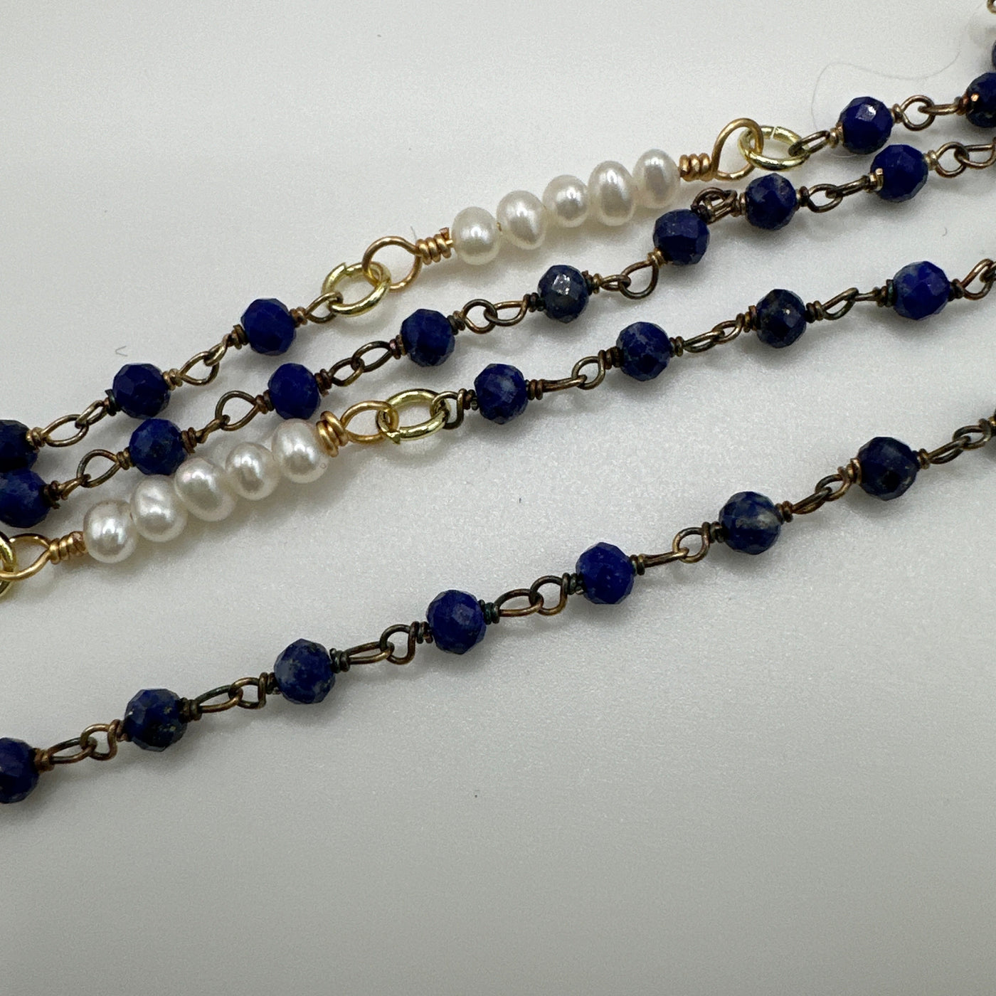 Scarf long necklace silver 925 with blue beads and white pearls and sparkling blue pendant