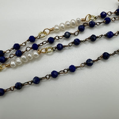 Scarf long necklace silver 925 with blue beads and white pearls and sparkling blue pendant