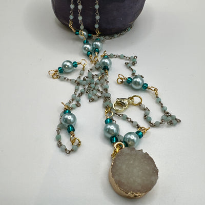 Scarf necklace silver 925 and light aqua beads with light blue pearls