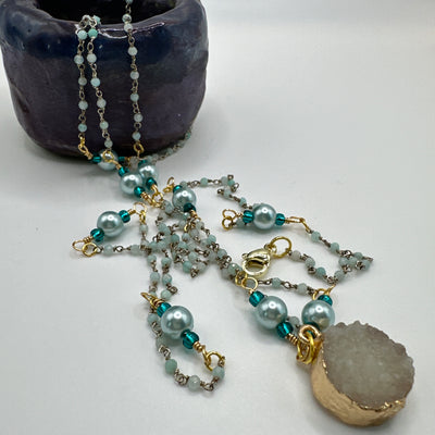 Scarf necklace silver 925 and light aqua beads with light blue pearls