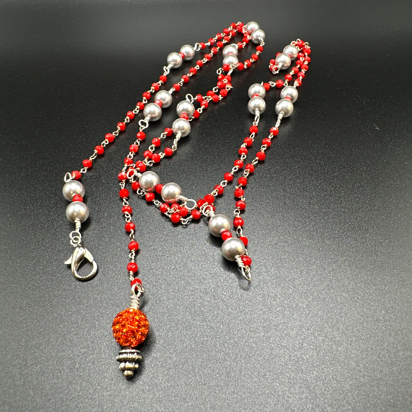 Scarf necklace silver 925 with red beads and light grey pearls