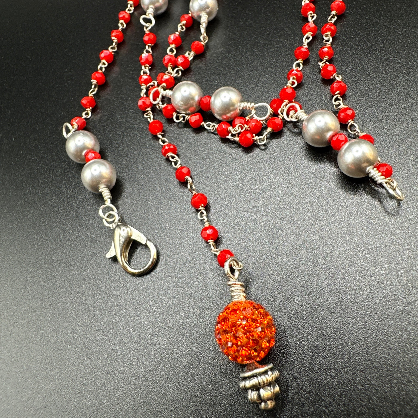 Scarf necklace silver 925 with red beads and light grey pearls
