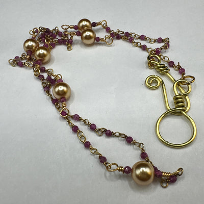 Necklace silver 925 with violet beads and golden pearls