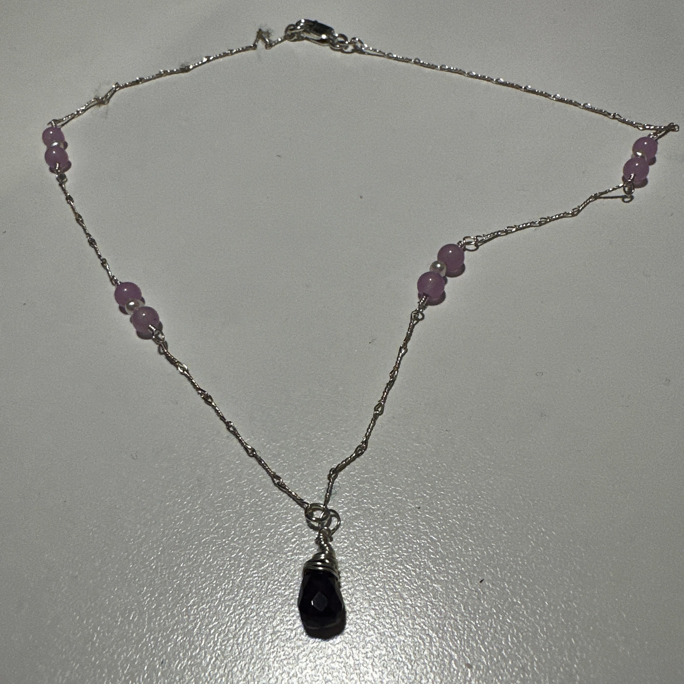 Jade, oval freshwater pearls, and amethyst necklace on silver