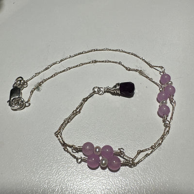 Jade, oval freshwater pearls, and amethyst necklace on silver