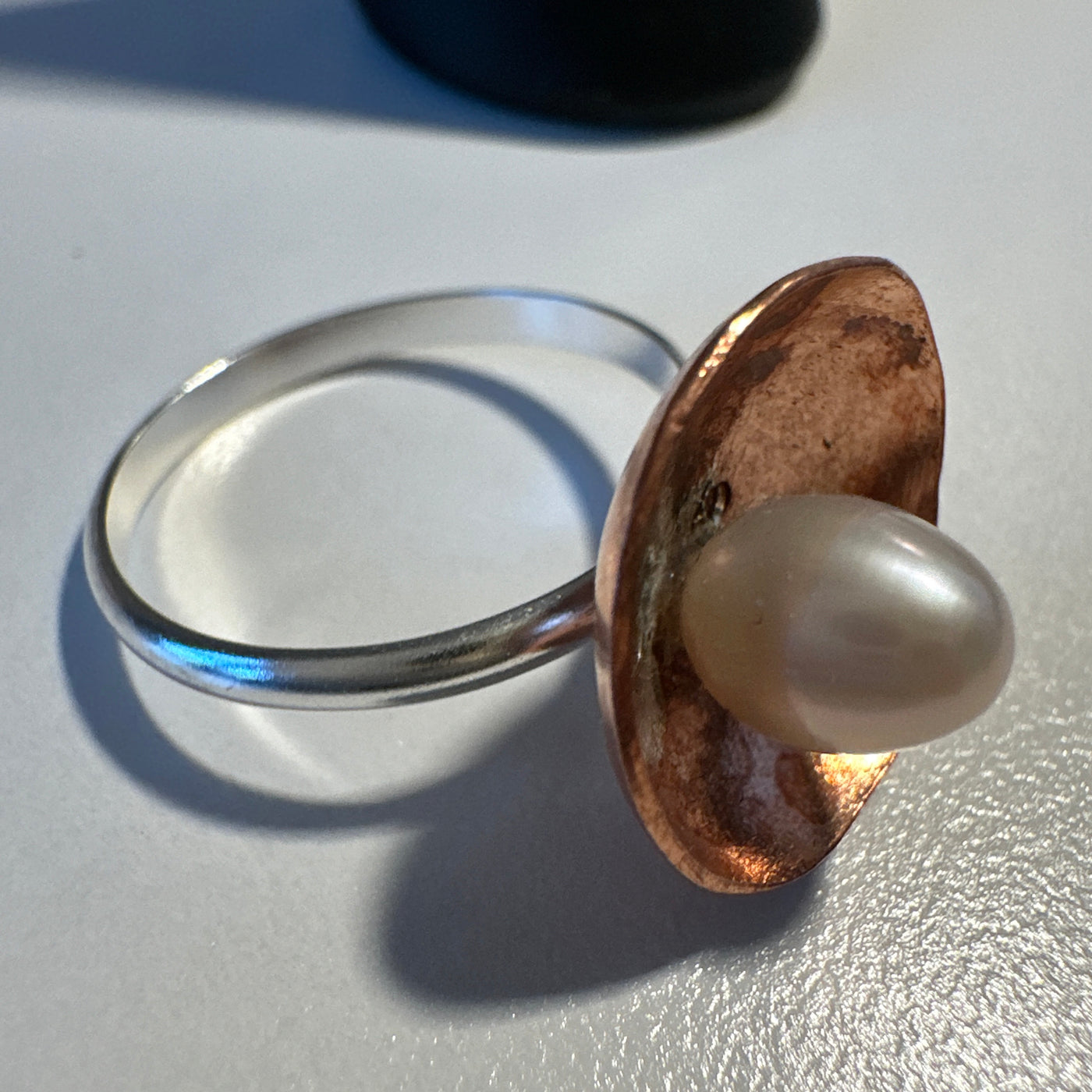 Copper flower ring with pearl and silver small ring