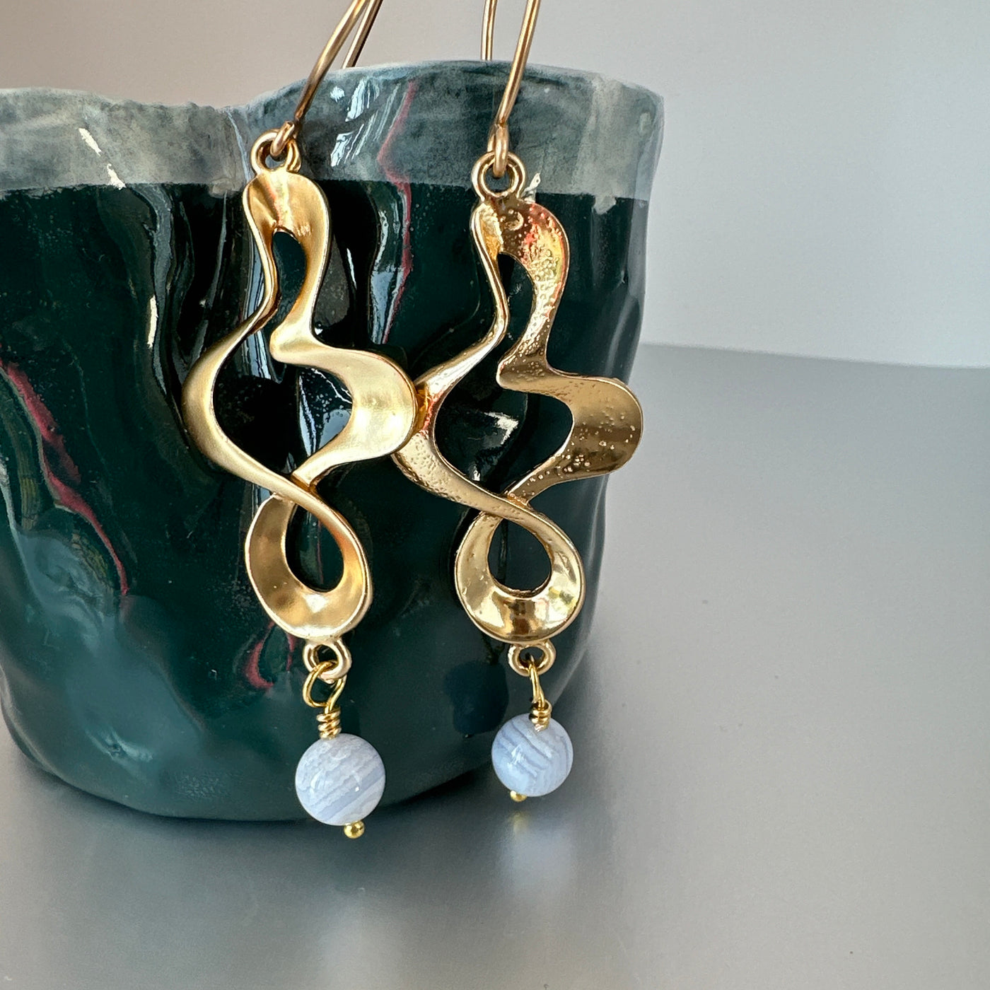 Zama spiraled earrings with blue agata pearls