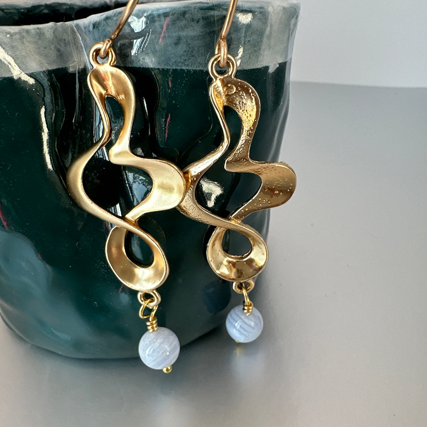 Zama spiraled earrings with blue agata pearls