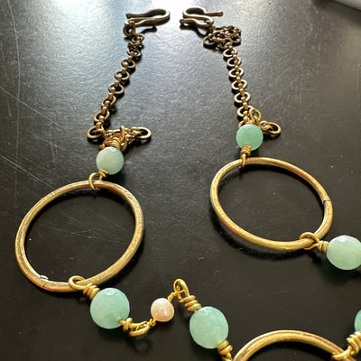 Dyed acqua jade and freshwater potato pearls on brass chain and rounds necklace