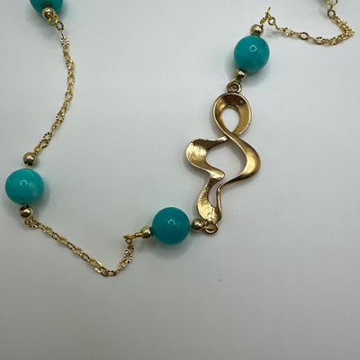 Zama spiralled elements with giada turquoise and steel pearls on brass chain