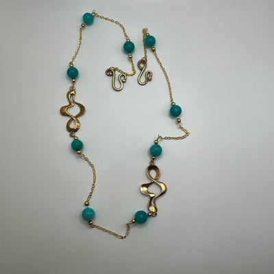 Zama spiralled elements with giada turquoise and steel pearls on brass chain