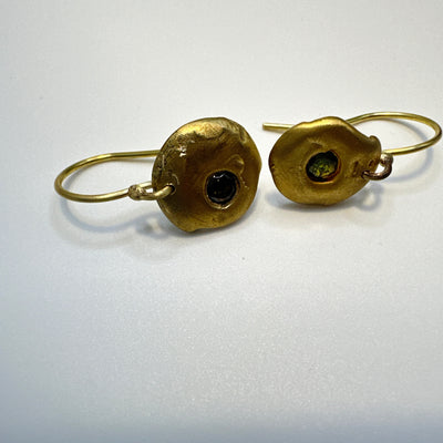 Brass earrings casted from lost wax with green cubic zirconia