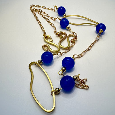 Bronze oval and brass chain with blue giade and steel dividers