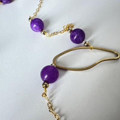 Bronze oval and brass chain with purple giade and steel dividers