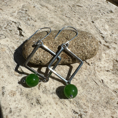 Green giada earrings with square steel elements