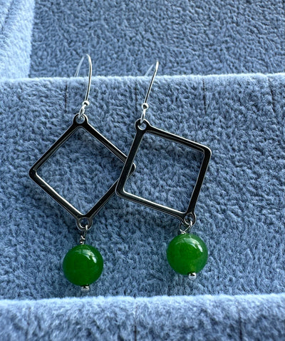 Green giada earrings with square steel elements