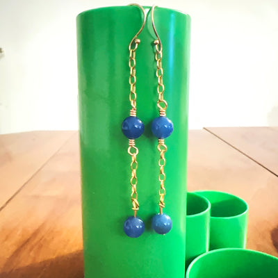 Blue giada pearls earrings with brass chain