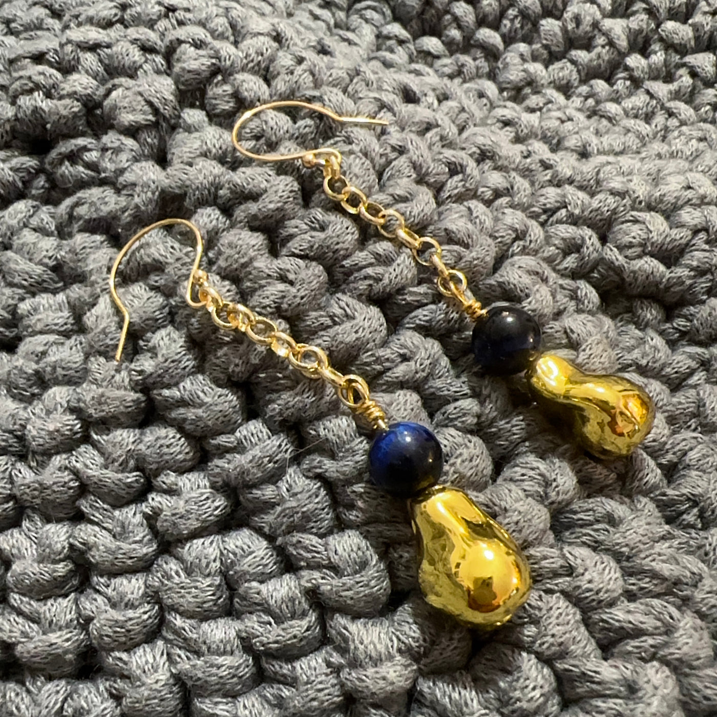 Gold filled Mallorca baroque pearls and tiger eye blue lapis pearl earrings on brass chain